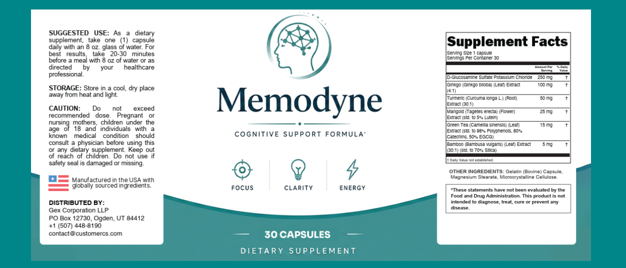 Memodyne label and Supplement Facts