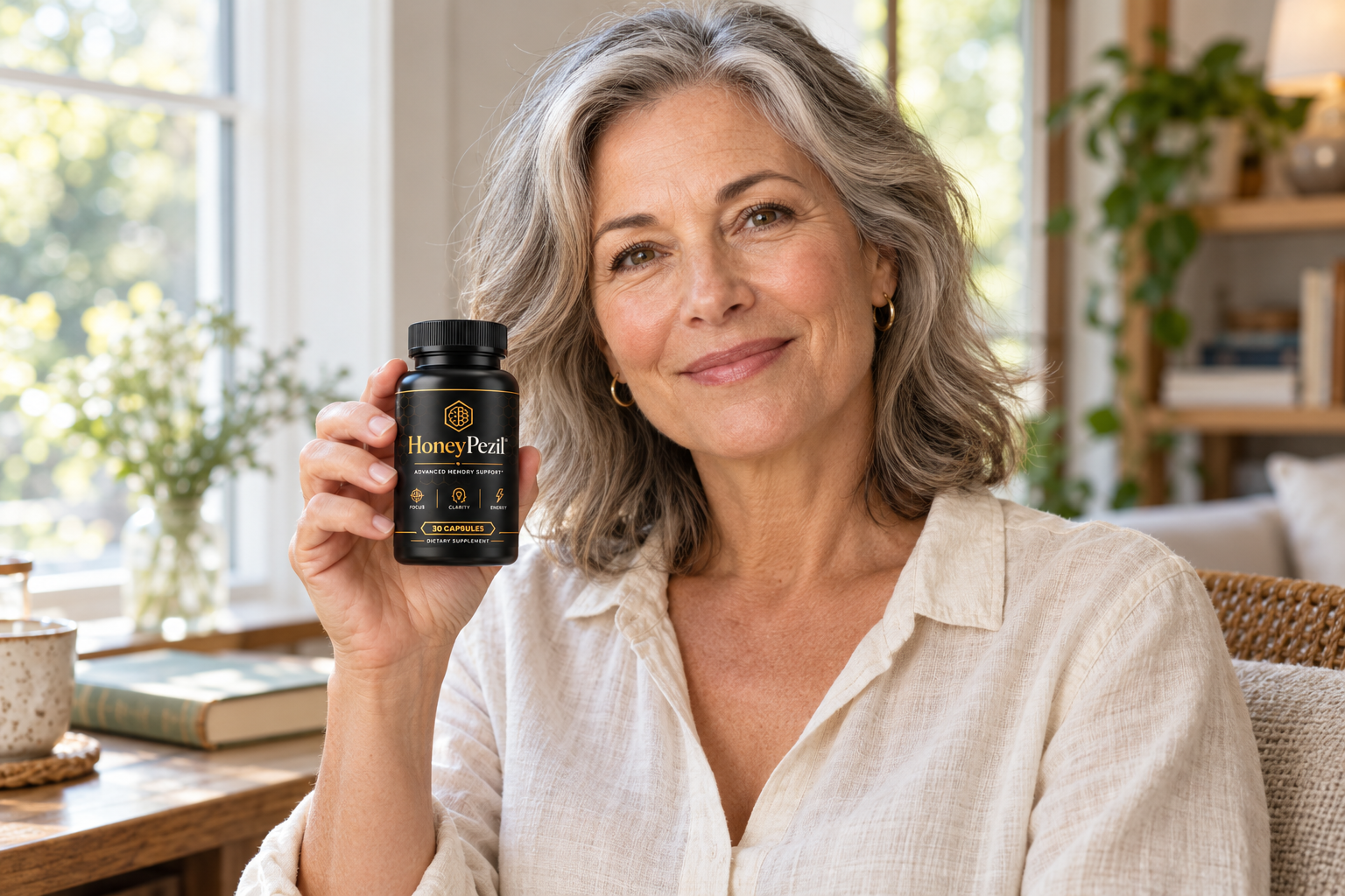 Woman holding a bottle of HoneyPezil