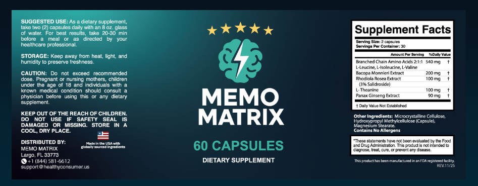 Memo Matrix Supplement Facts, directions and warnings